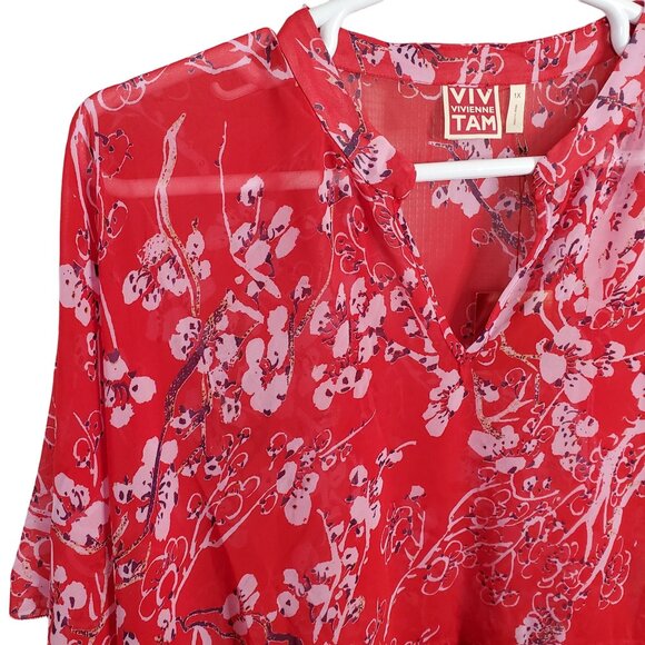 Vivienne Tam NWT Size 1X Blouse Semi Sheer Popover Cover-up Flutter Floral Red - Picture 6 of 12